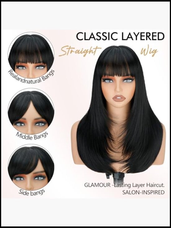 Straight Layered Wig with Bangs Realistic Scalp Heat Resistant Synthetic 20Inch